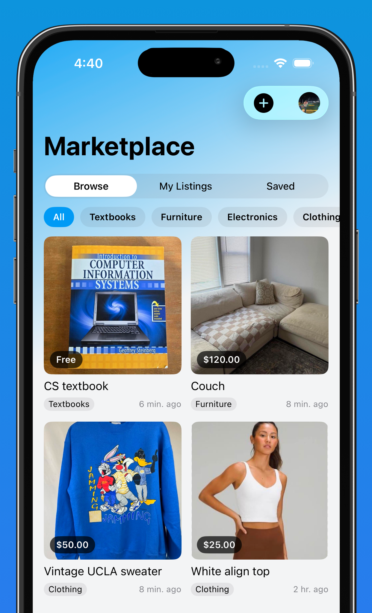 The Nom marketplace showing textbooks and dorm furniture